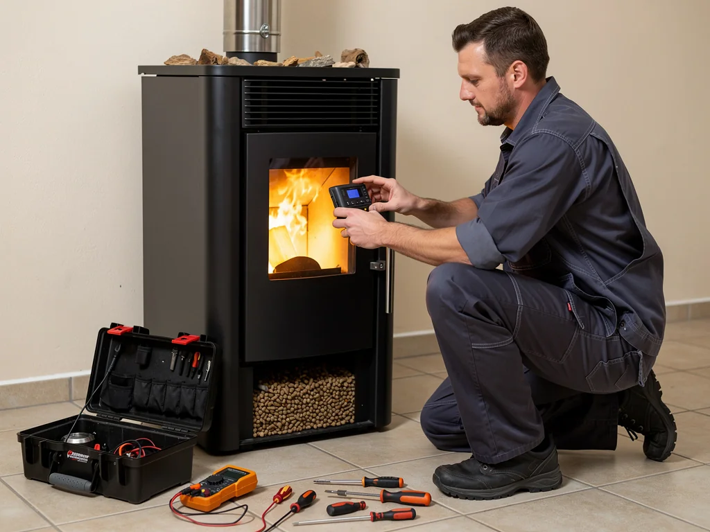 Artisan RGE réglant la combustion d'un poêle à granulés à la mise en route